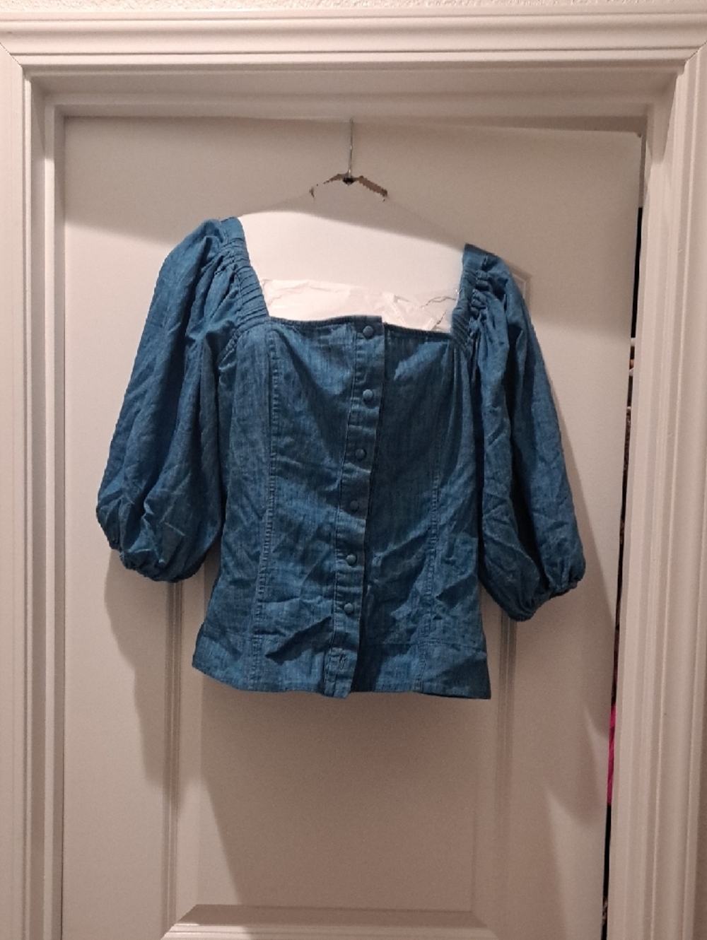 Denim Blue Square-Neck Button Front Puff Sleeve Top